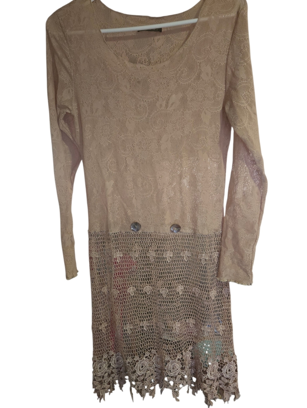 Surrealist, Lace Crochet Hem Long Sleeve Tunic Dress - Nude